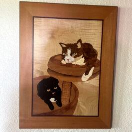 Tableau en marqueterie "deux chats"